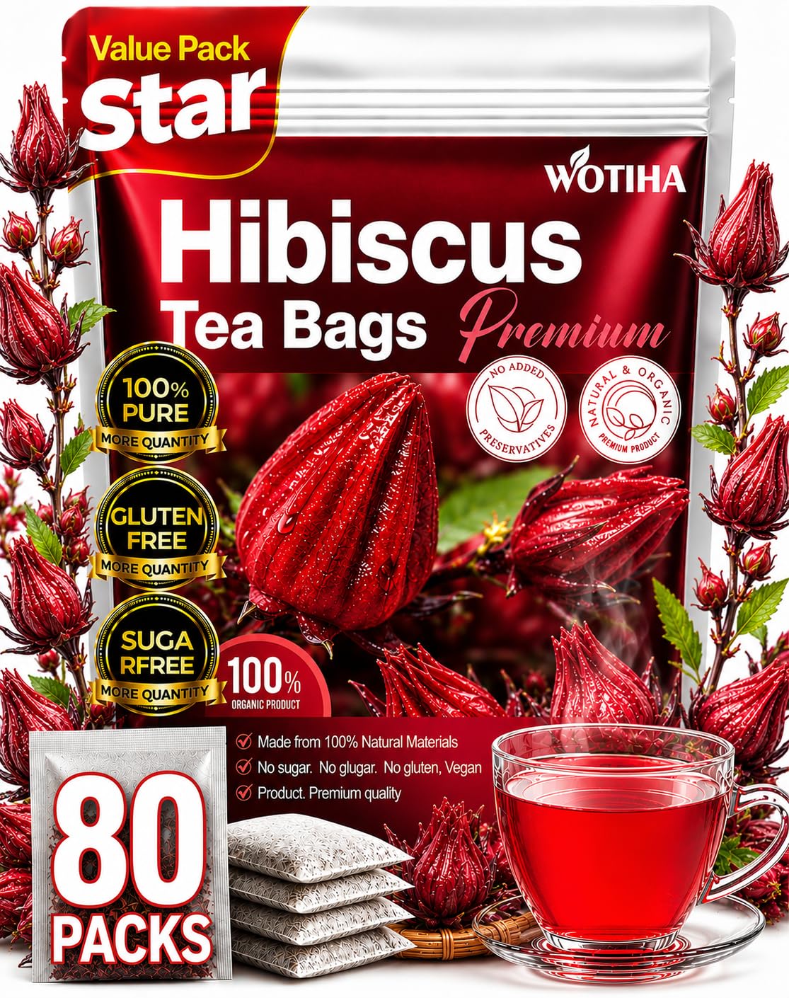 Amazon.com : WOTIHA Premium 80 Hibiscus Flower Tea Bags (Flor de
